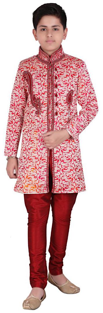 

P K GARMENTS Boy Raw silk Self design Sherwani - Red