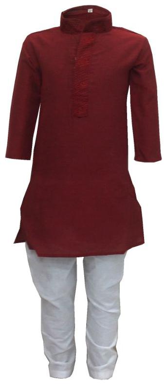 

P K GARMENTS Boy Cotton Solid Kurta pyjama set - Maroon White