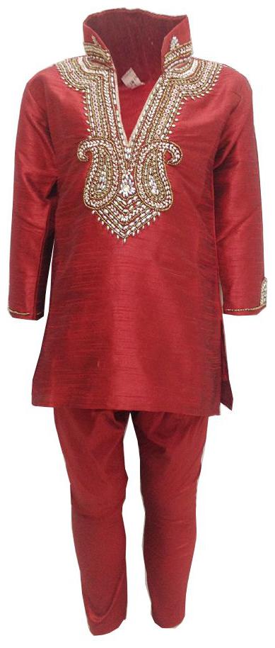 

P K GARMENTS Boy Silk Solid Kurta pyjama set - Maroon