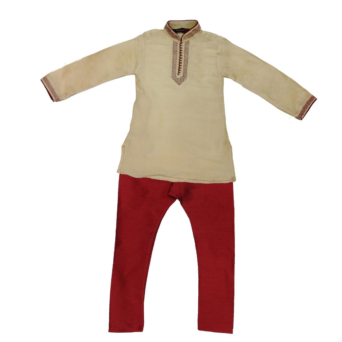 

P K GARMENTS Boy Raw silk Solid Kurta pyjama set - Beige Red