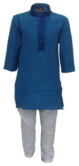 

P K GARMENTS Boy Cotton Solid Kurta pyjama set - Blue White