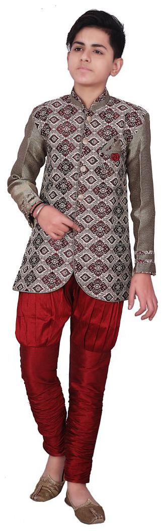 

P K GARMENTS Boy Raw silk Printed Sherwani - Maroon Grey