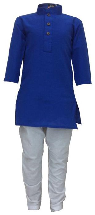 

P K GARMENTS Boy Cotton Solid Kurta pyjama set - Blue White