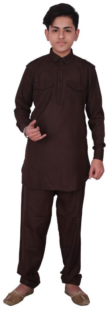 

P K GARMENTS Boy Cotton Solid Kurta pyjama set - Brown