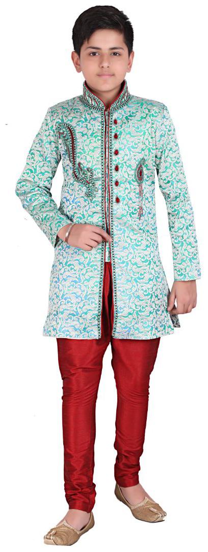 

P K GARMENTS Boy Raw silk Self design Sherwani - Green Maroon