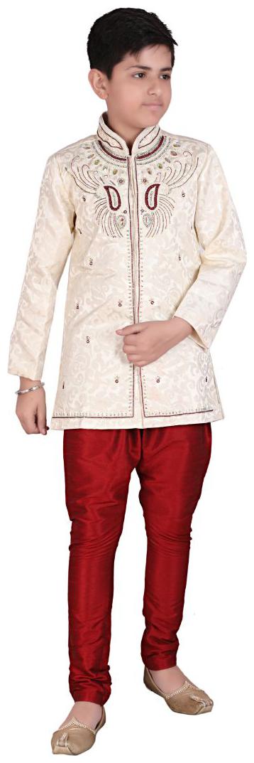 

P K GARMENTS Boy Raw silk Self design Sherwani - Brown Beige