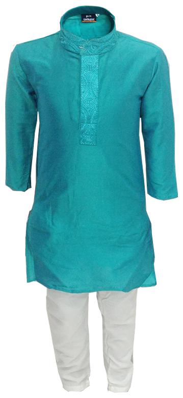 

P K GARMENTS Boy Cotton Solid Kurta pyjama set - Green White