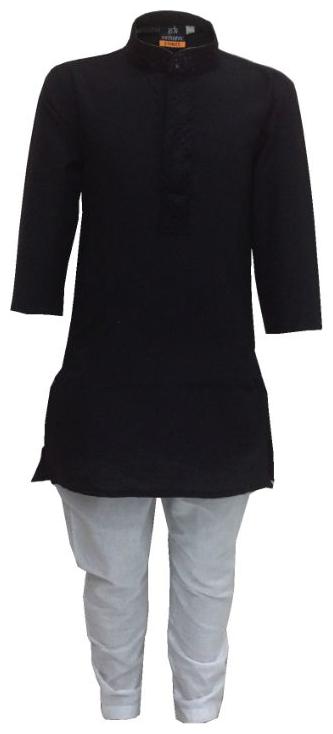 

P K GARMENTS Boy Cotton Solid Kurta pyjama set - Black White