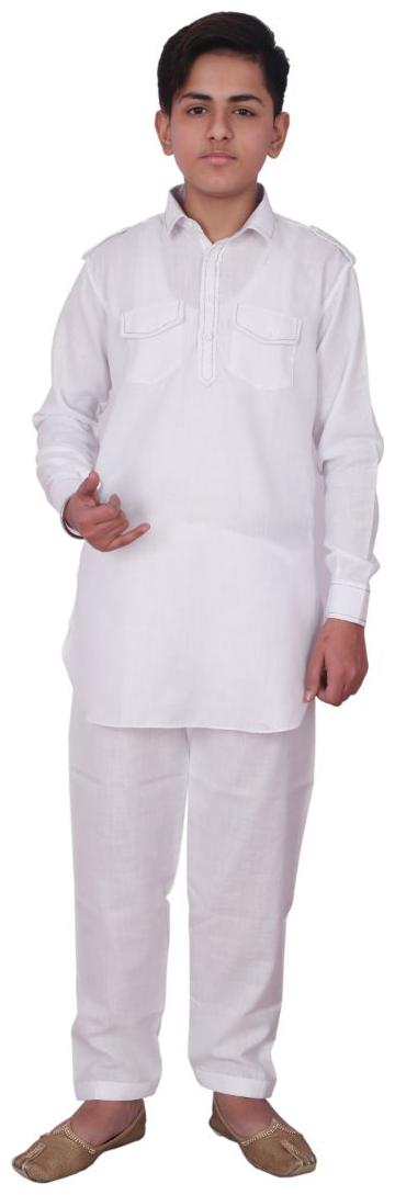 

P K GARMENTS Boy Cotton Solid Kurta pyjama set - White