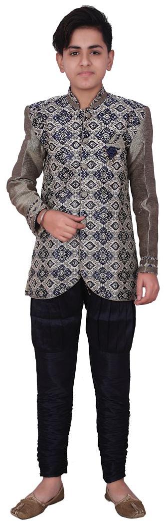 

P K Garments Raw Silk Printed Boys Partywear Sherwani (Navy Blue Grey)