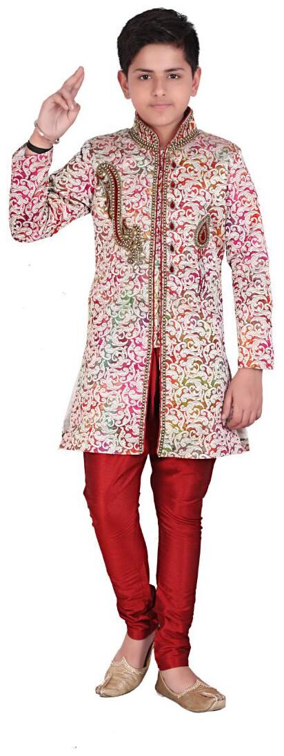 

P K GARMENTS Boy Raw silk Self design Sherwani - Grey Maroon