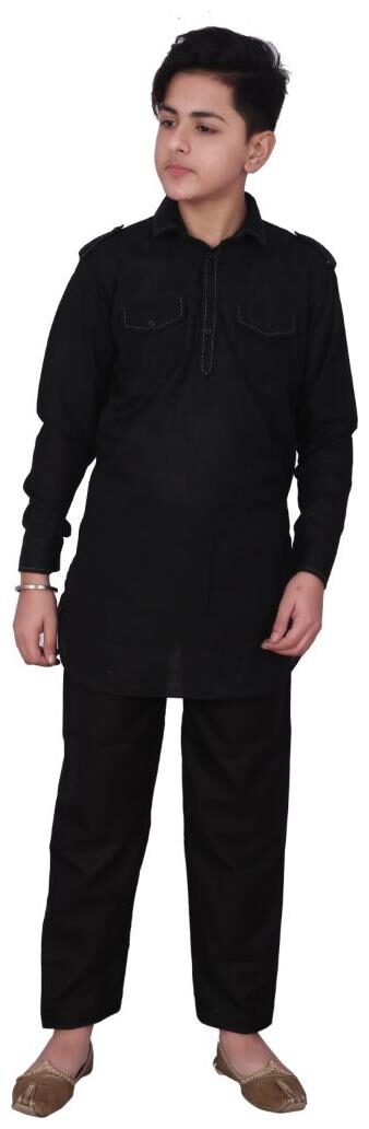 

P K GARMENTS Boy Cotton Solid Kurta pyjama set - Black