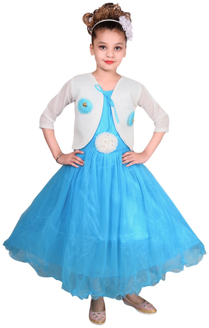 

P R Enterprises Blue Net 3 4th Sleeves Maxi Princess Frock ( Pack of 1 )