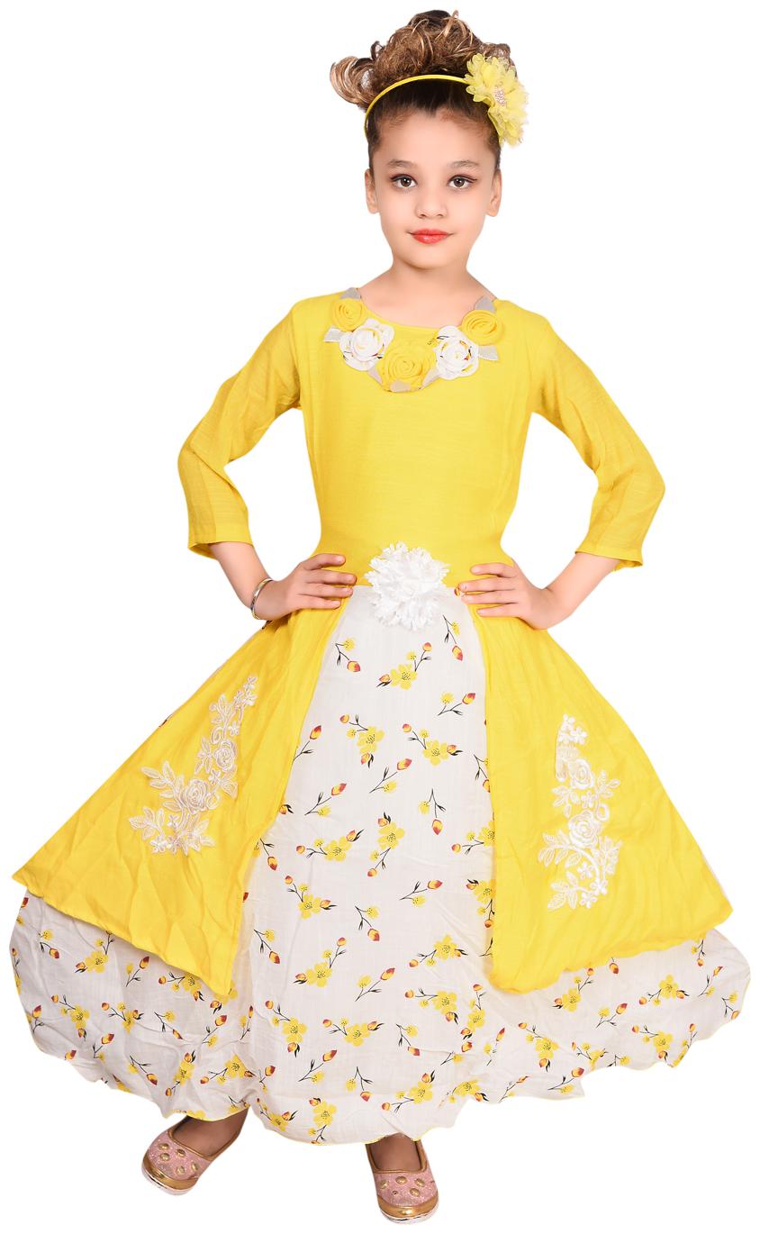 

P R Enterprises Yellow Cotton Blend 3 4th Sleeves Maxi Princess Frock ( Pack of 1 )