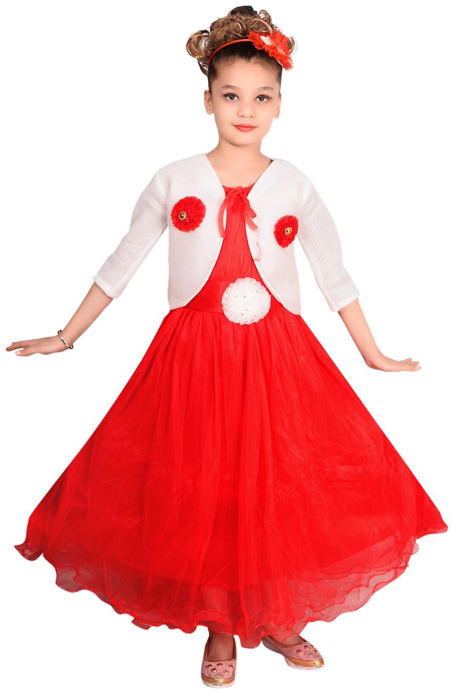 

P R Enterprises Red Net 3 4th Sleeves Maxi Princess Frock ( Pack of 1 )