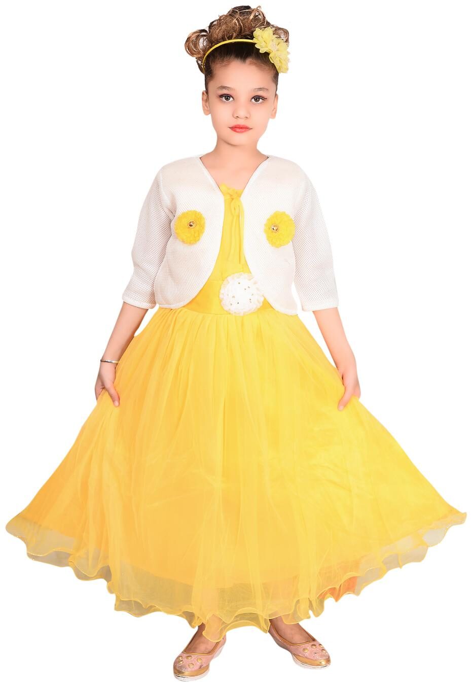 

P R Enterprises Yellow Net 3 4th Sleeves Maxi Princess Frock ( Pack of 1 )