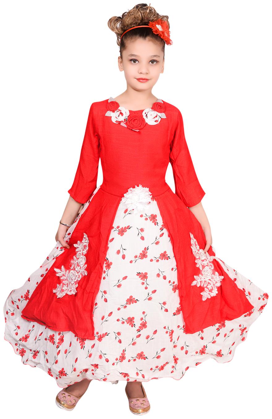 

P R Enterprises Red Cotton Blend 3 4th Sleeves Maxi Princess Frock ( Pack of 1 )