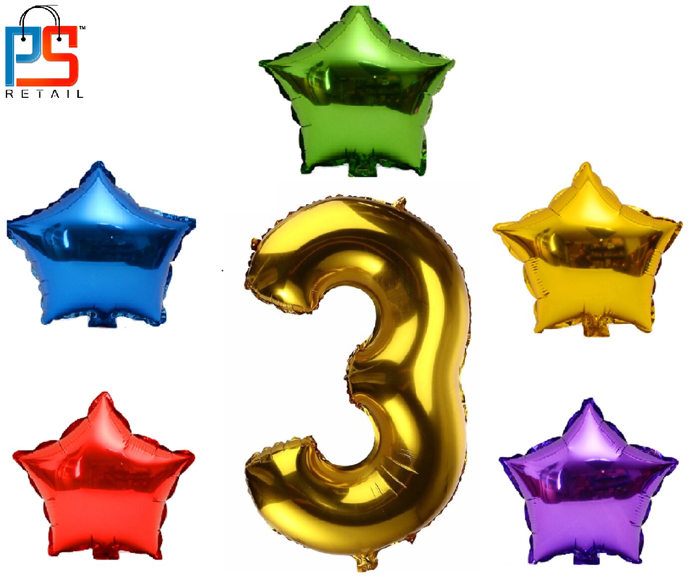 

P S Retail Party Decoration Foil Balloon (5 Stars and Number 3 ) -Set of 6 pcs