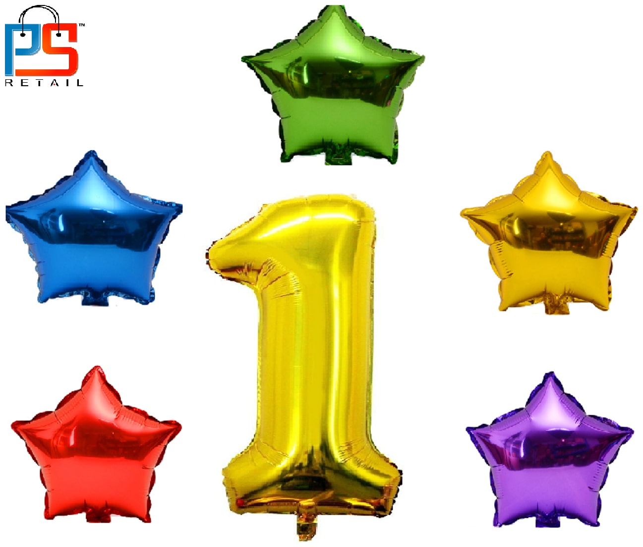 

P S Retail Party Decoration foil Balloon - Set 6 pcs (five stars and one number 1 )