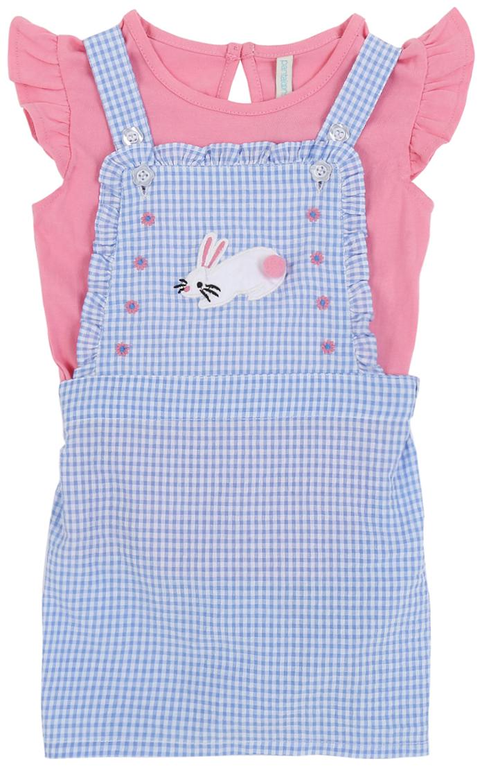 

Pantaloons Baby Blue Checked Dungaree With Pink Tshirt For Baby bGirl