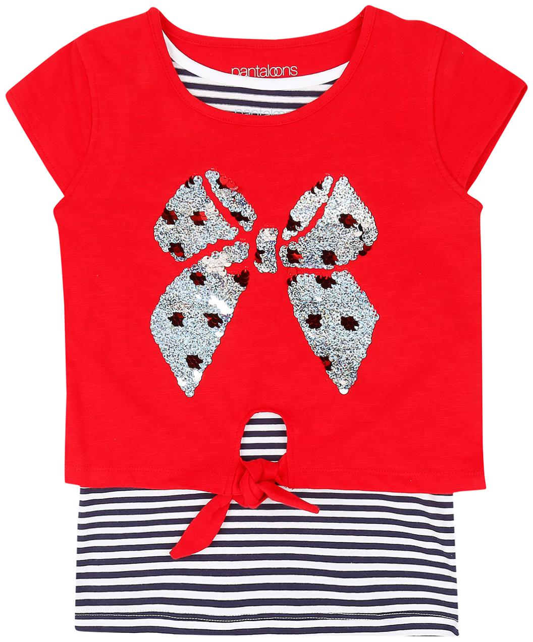 

Pantaloons Junior Girl Cotton Striped T shirt - Red