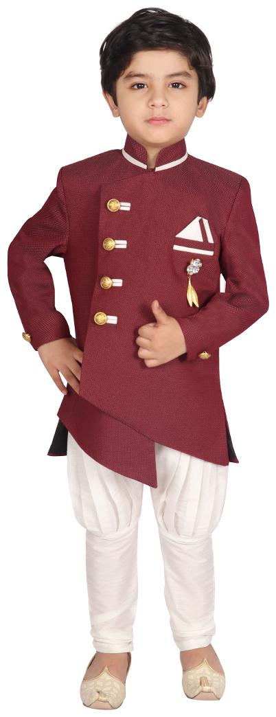 

SGYUVRAJ Boy Raw silk Solid Sherwani - Maroon