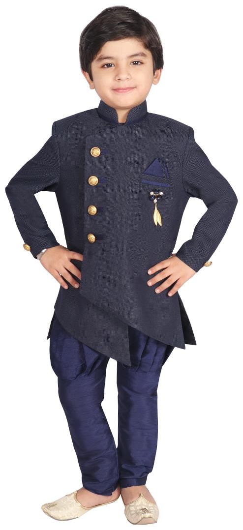 

SGYUVRAJ Boy Raw silk Solid Sherwani - Blue