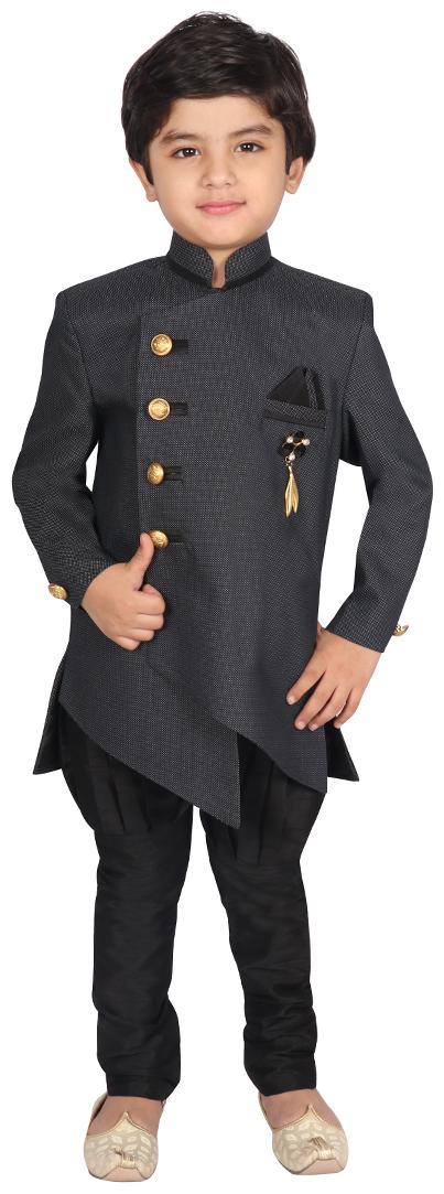 

SGYUVRAJ Boy Raw silk Solid Sherwani - Black