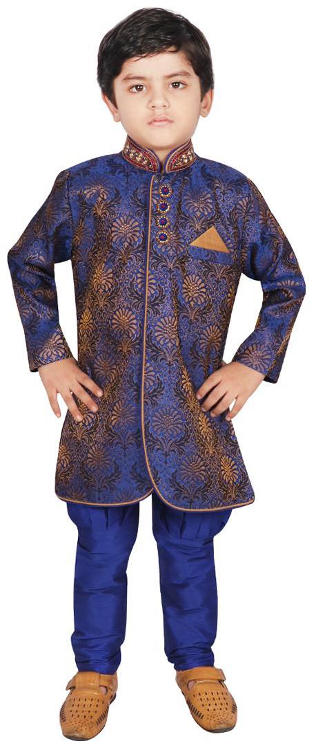

SGYUVRAJ Boy Raw silk Embellished Sherwani - Blue