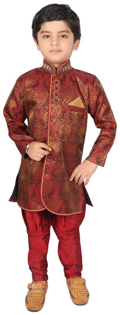 

SGYUVRAJ Boy Raw silk Embellished Sherwani - Maroon