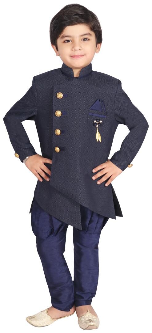 

SGYUVRAJ Boy Raw silk Solid Sherwani - Blue