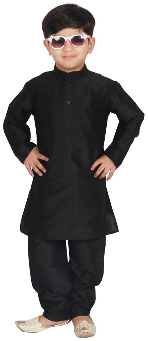 

SGYUVRAJ Boy Raw silk Solid Kurta pyjama set - Black