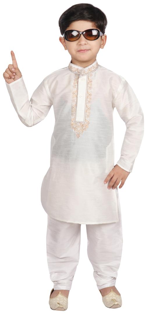 

SGYUVRAJ Boy Raw silk Solid Kurta pyjama set - White