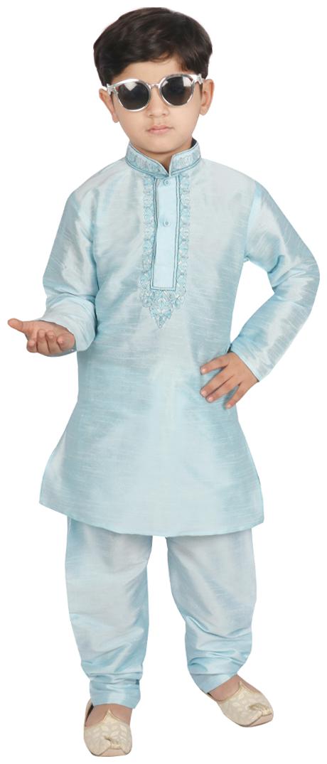 

SGYUVRAJ Boy Raw silk Solid Kurta pyjama set - Blue