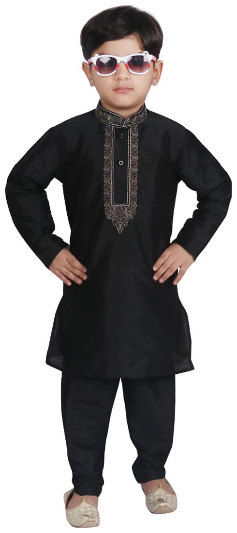 

SGYUVRAJ Boy Raw silk Solid Kurta pyjama set - Black