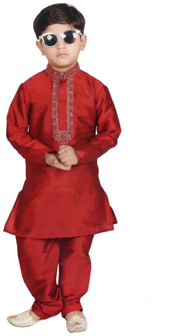 

SGYUVRAJ Boy Raw silk Solid Kurta pyjama set - Maroon