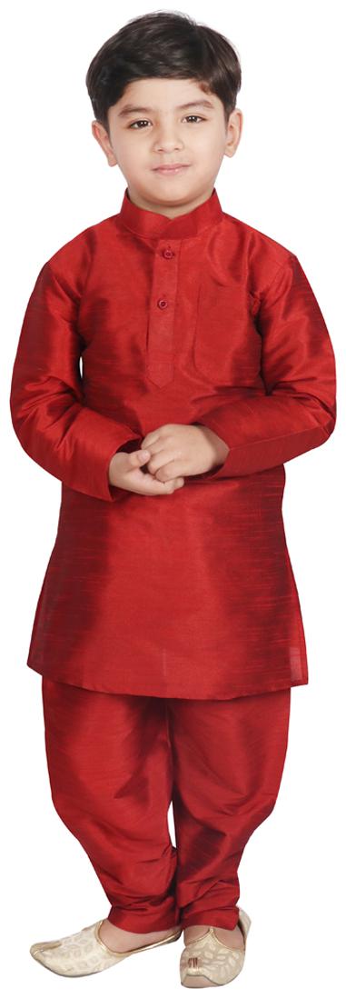 

SGYUVRAJ Boy Raw silk Solid Kurta pyjama set - Maroon