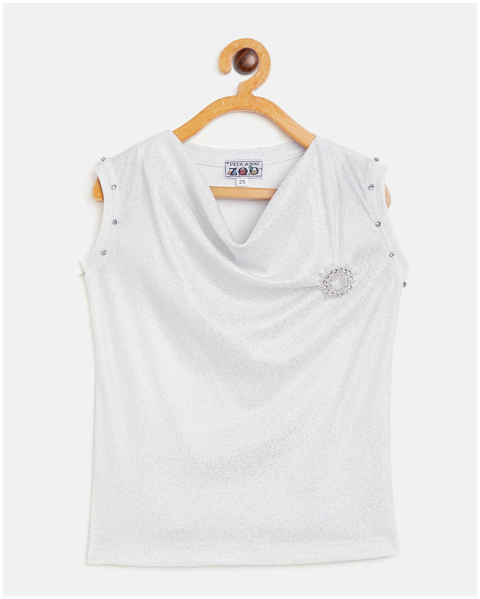 

Peek a boo zoo Girls Silver Polyester Lurex Blend Cowl Neck Textured Sleeveless Partywear Top