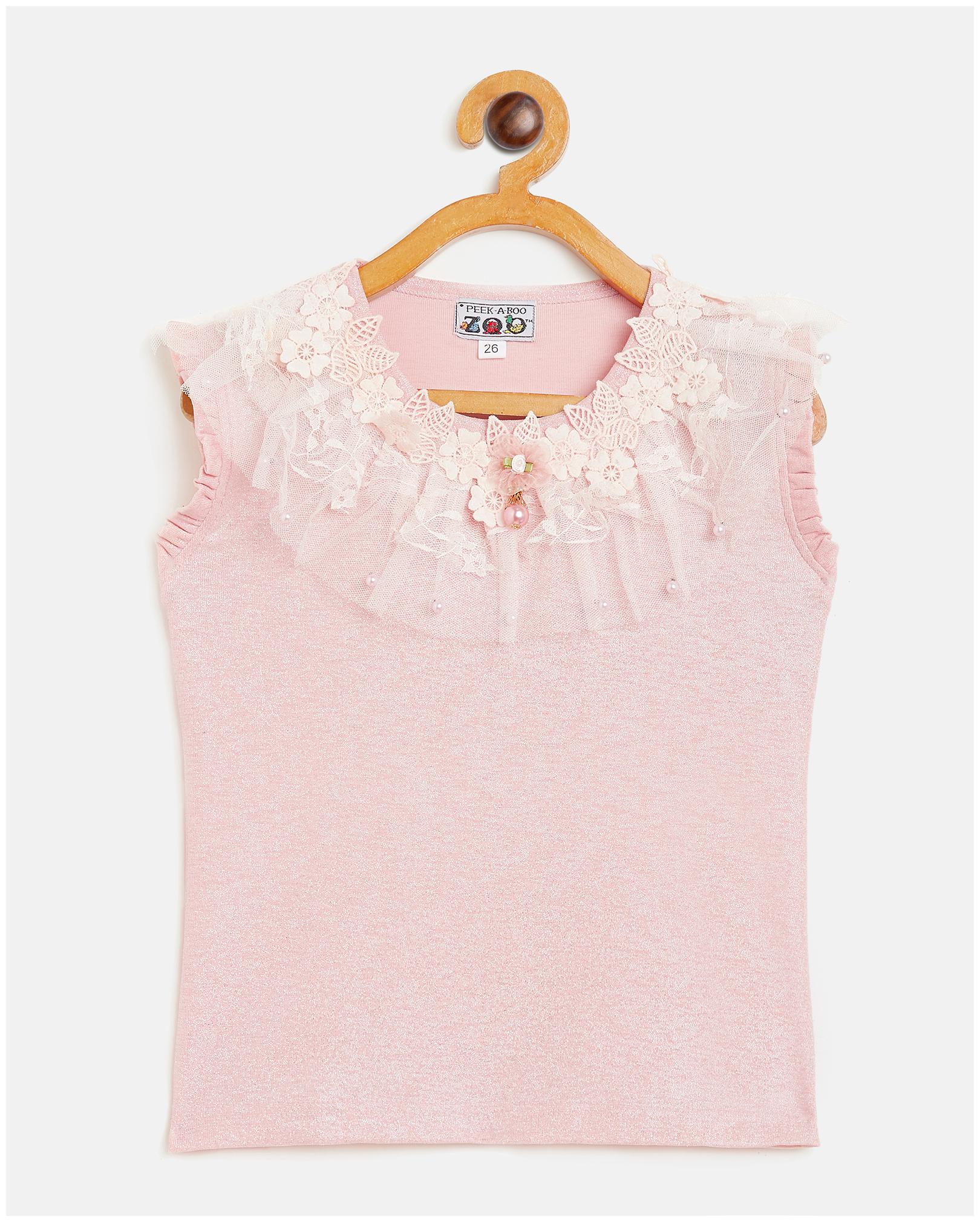 

Peek a boo zoo Girls Peach Polyester Lurex Blend Round Neck Textured Flutter Sleeves Partywear Top