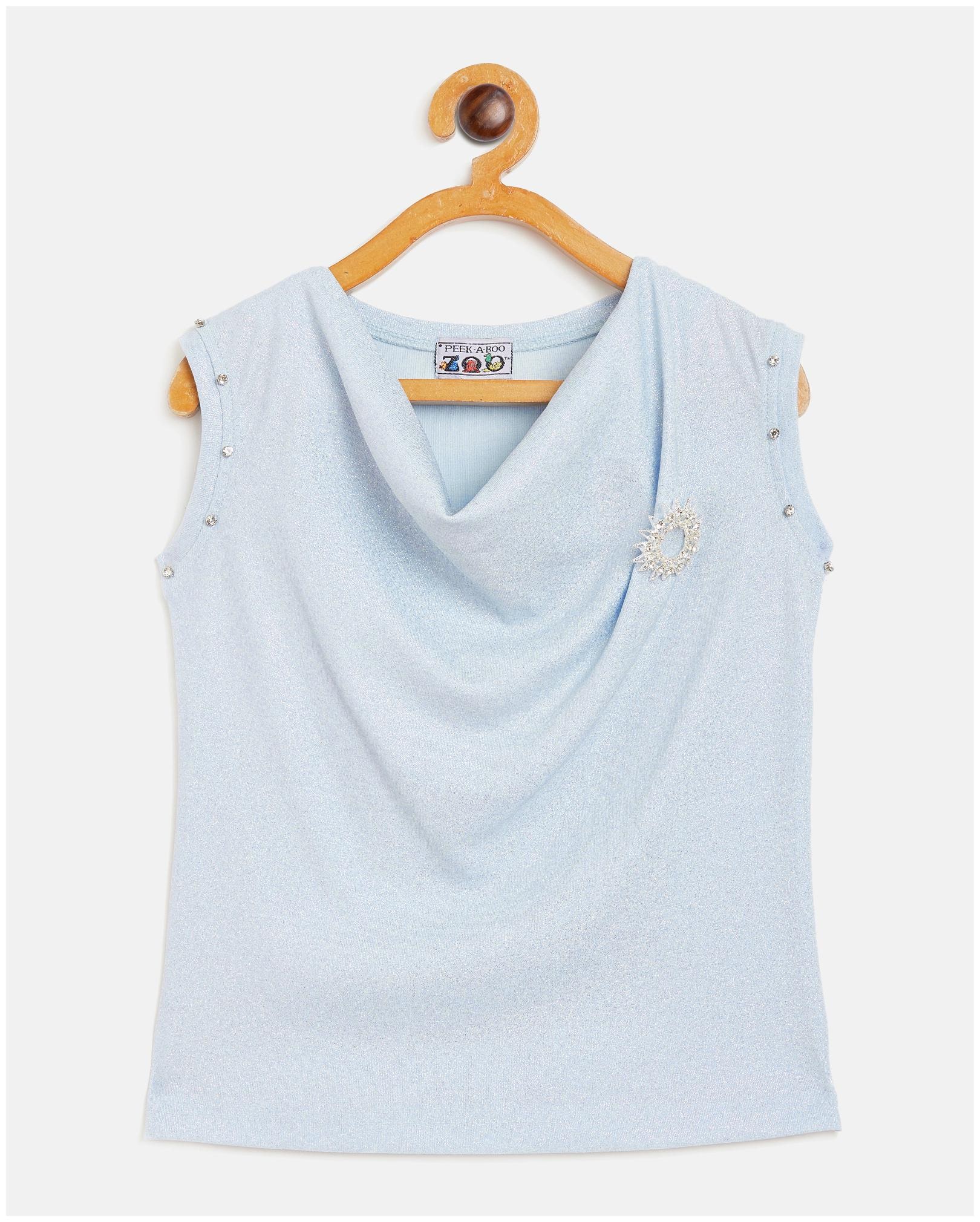 

Peek a boo zoo Girls Blue Polyester Lurex Blend Cowl Neck Textured Sleeveless Partywear Top