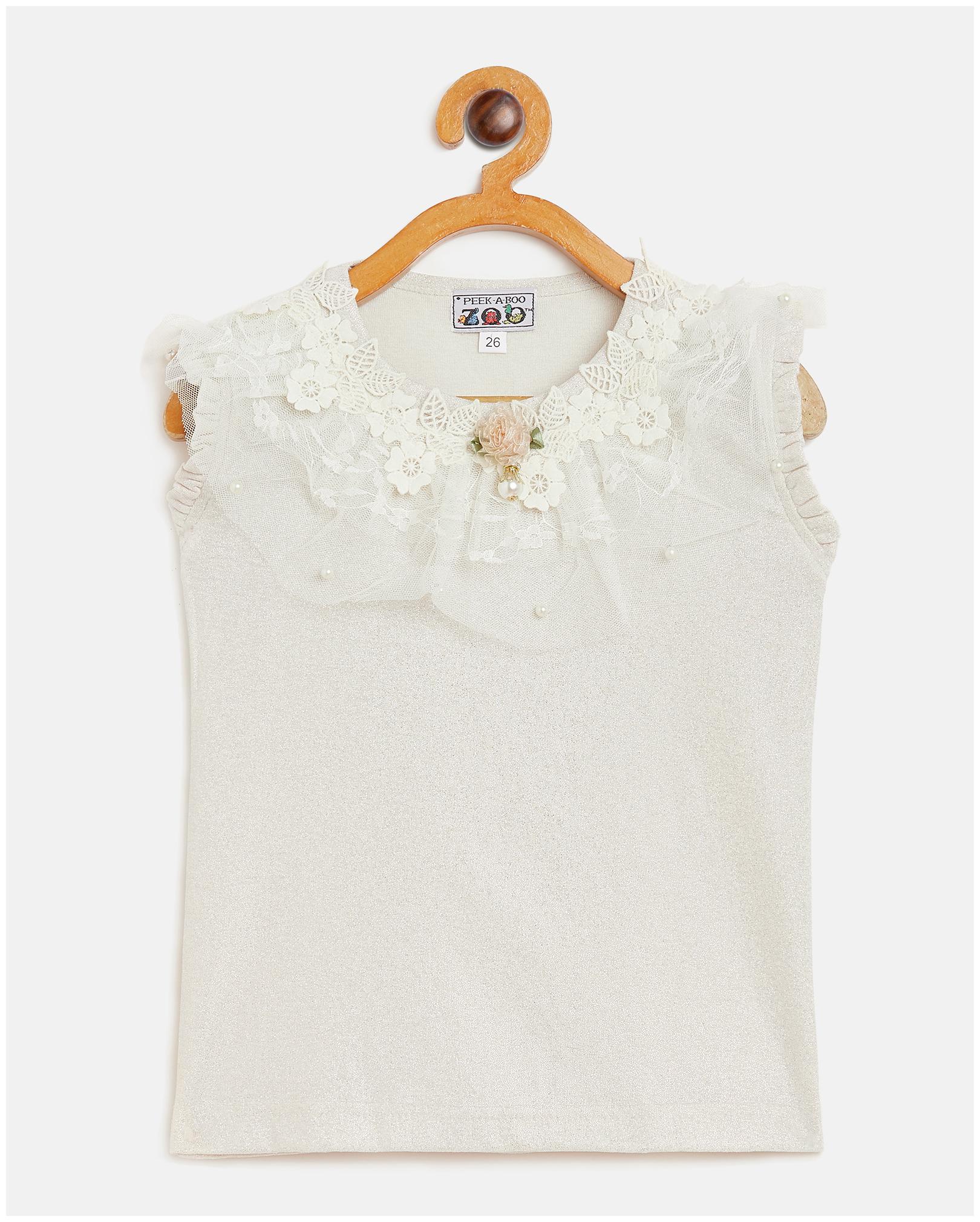 

Peek a boo zoo Girls Gold Polyester Lurex Blend Round Neck Textured Flutter Sleeves Partywear Top