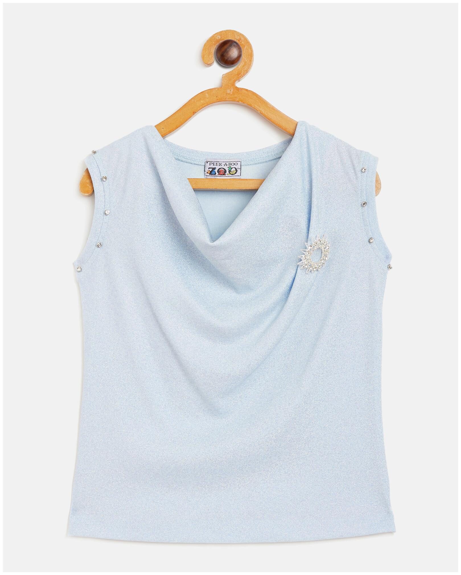 

Peek a boo zoo Girls Blue Polyester Lurex Blend Cowl Neck Textured Sleeveless Partywear Top