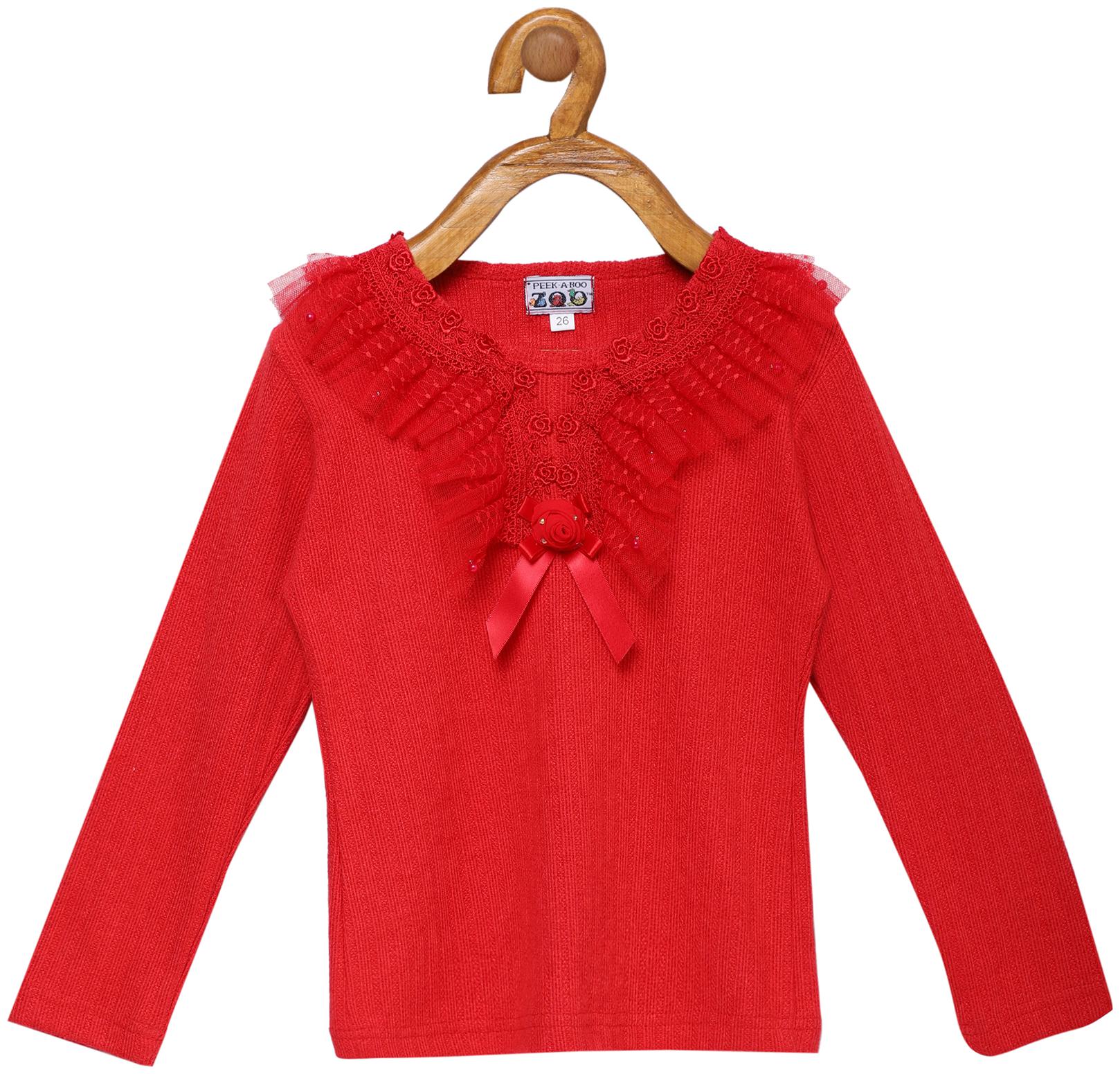 

Peek a boo zoo Girl Wool blended Self design Top - Red