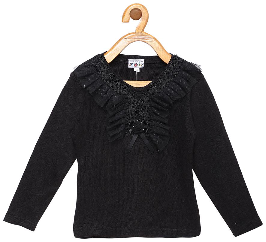

Peek a boo zoo Girl Wool blended Self design Top - Black