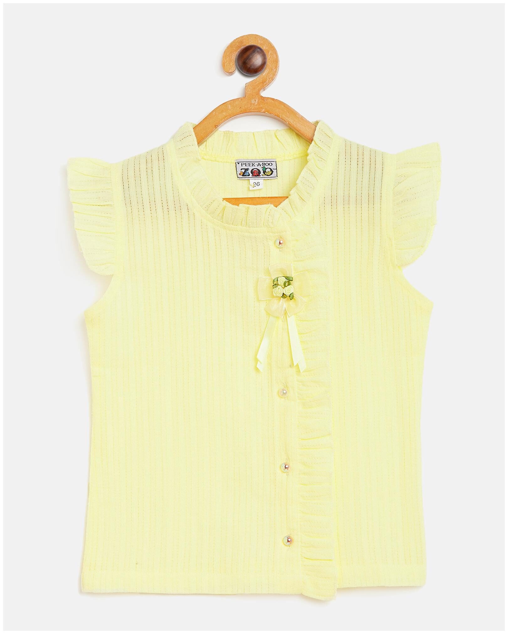 

Peek a boo zoo Cotton blend Self design Top for Baby Girl - Yellow