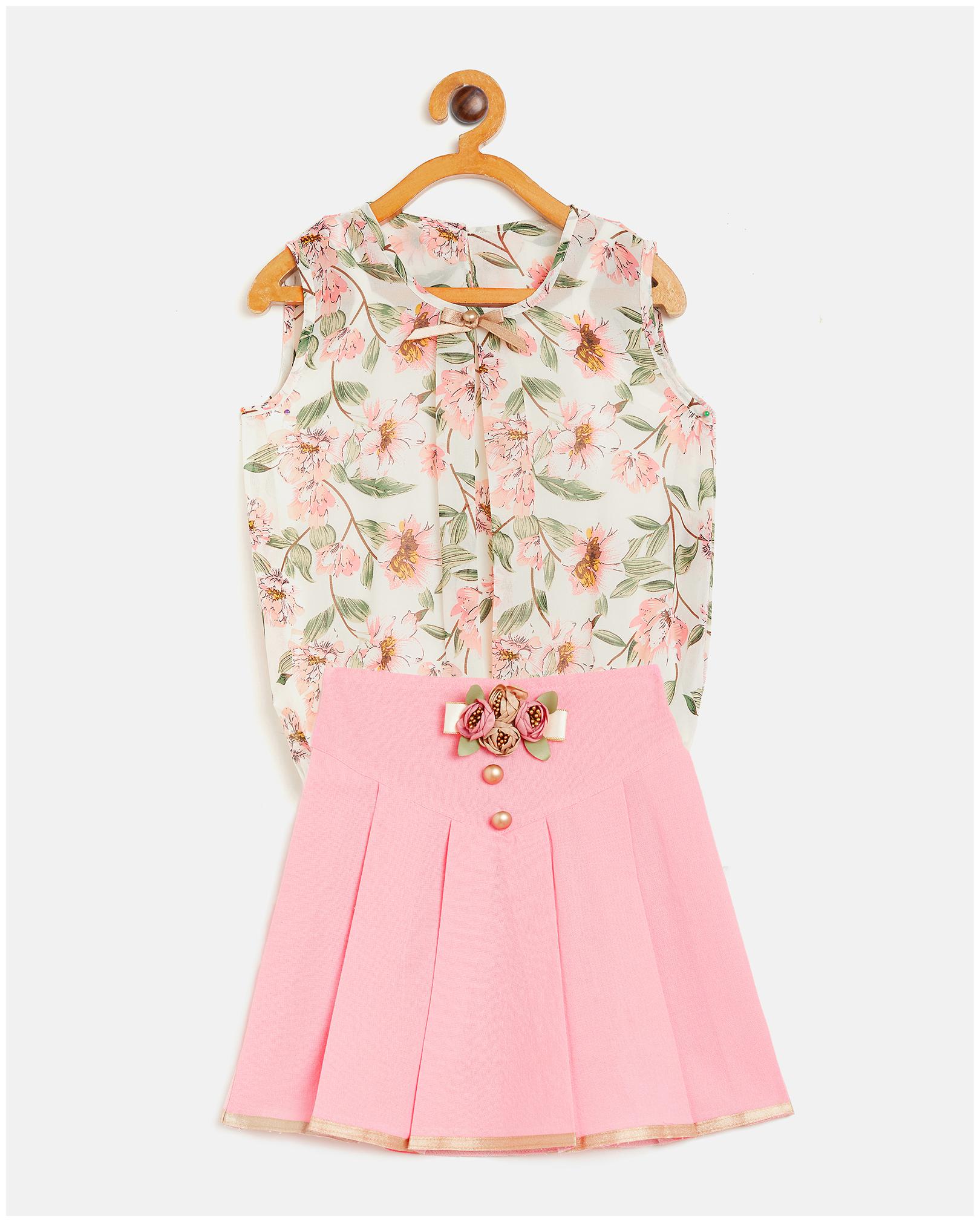 

Peek a boo zoo Girl Georgette Top Bottom Set - Pink White