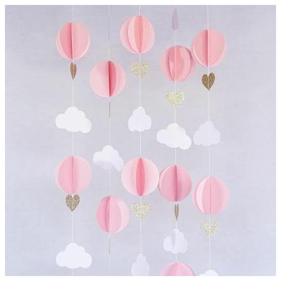 

Pink White Gold Glitter Hot Air Balloon Hearts Cloud Baby Nursery Garland Banner