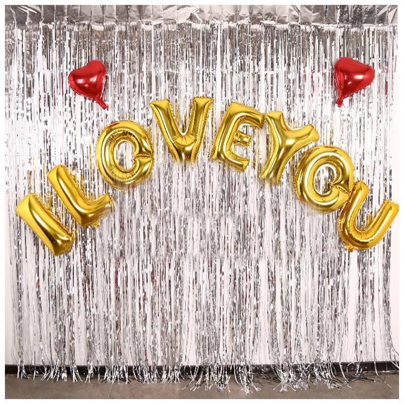 

Pixelfox 8pcs I LOVE YOU Gold Letters Foil Balloons (16 inch) 2pcs Red Heart Foil Balloons (10 inch) 2pcs Silver Fringe Curtains (3 6 Feet) Free Mask