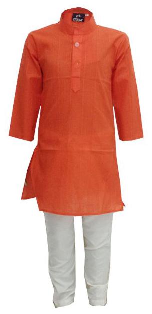 

P K GARMENTS Boy Cotton blend Solid Kurta pyjama set - Orange White