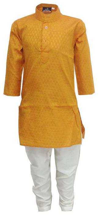 

P K GARMENTS Boy Cotton blend Solid Kurta pyjama set - Yellow White